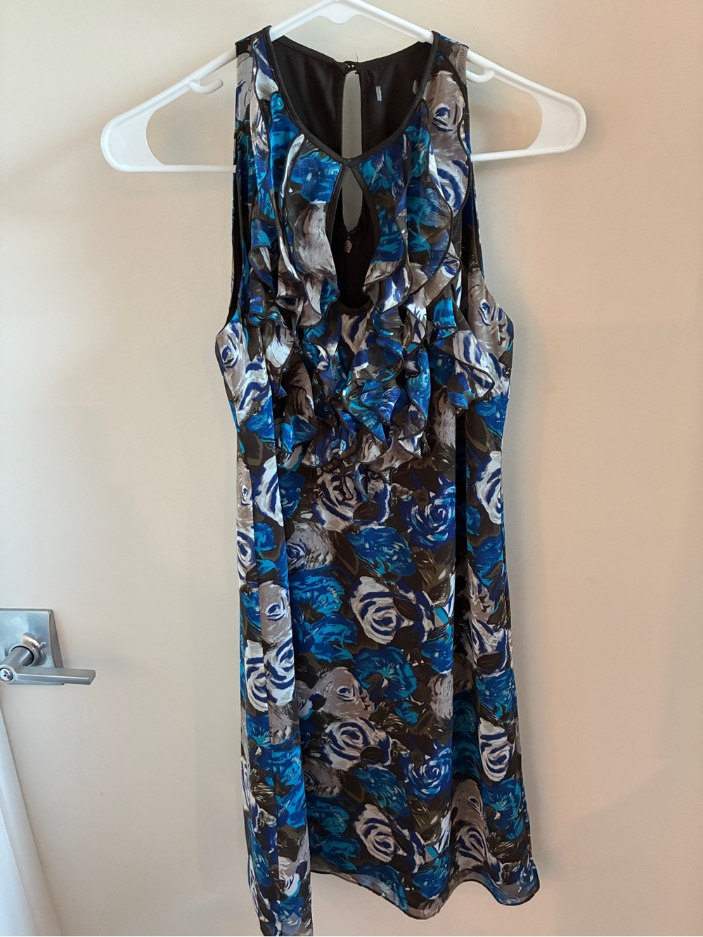 LOFT Blue, Black and Gray Floral Keyhole Midi Dress